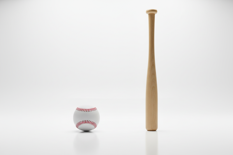 plain and none branded baseball ball with bat standing vertically, white background